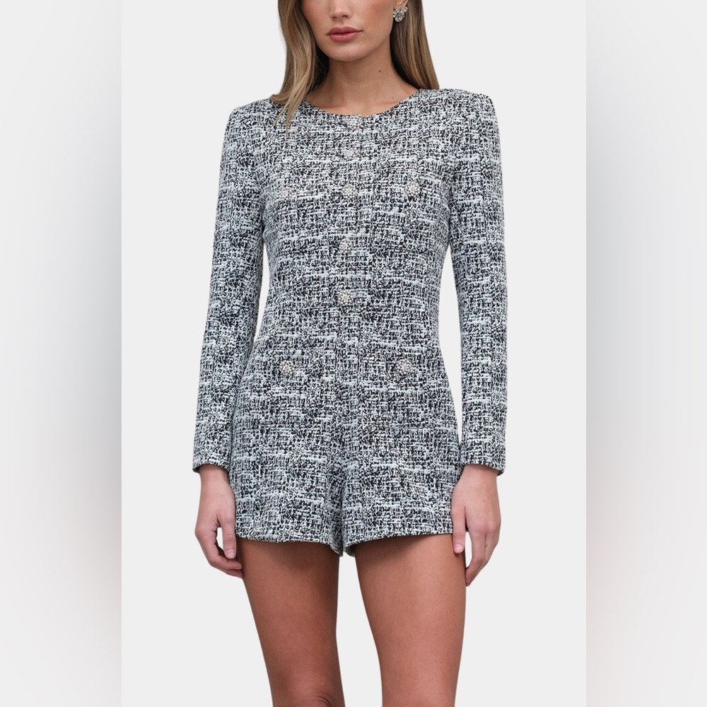 Textured Black & White Long-Sleeve Romper
